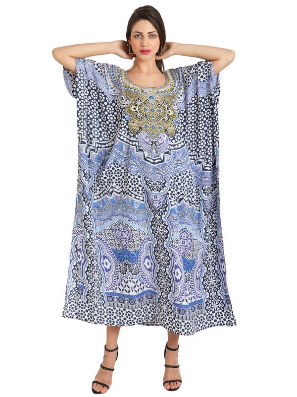 Image of Miss Lavish London Kaftan for Women Dress V Neck Summer Swimsuit Cover Up Blue Caftan Maxi Beach Dress, Plus Size African Kaftan with Batwing Sleeves, Side Slit & Pockets on Both Sides-Blue-M