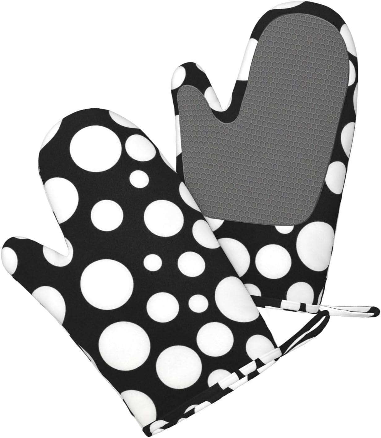 Black and White Polka Dot Oven Mitts and Pot Holders Set of 4 Heat Resistant Kitchen Gloves with Silicone Palm Hot Pads for Baking Cooking Grilling BBQ