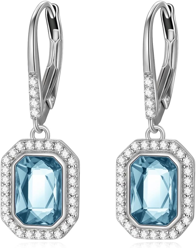 Halo Emerald Cut Dangle Drop Earrings 925 Sterling Silver Crystal Rectangular Leverback Earrings Birthstone Jewelry for Women