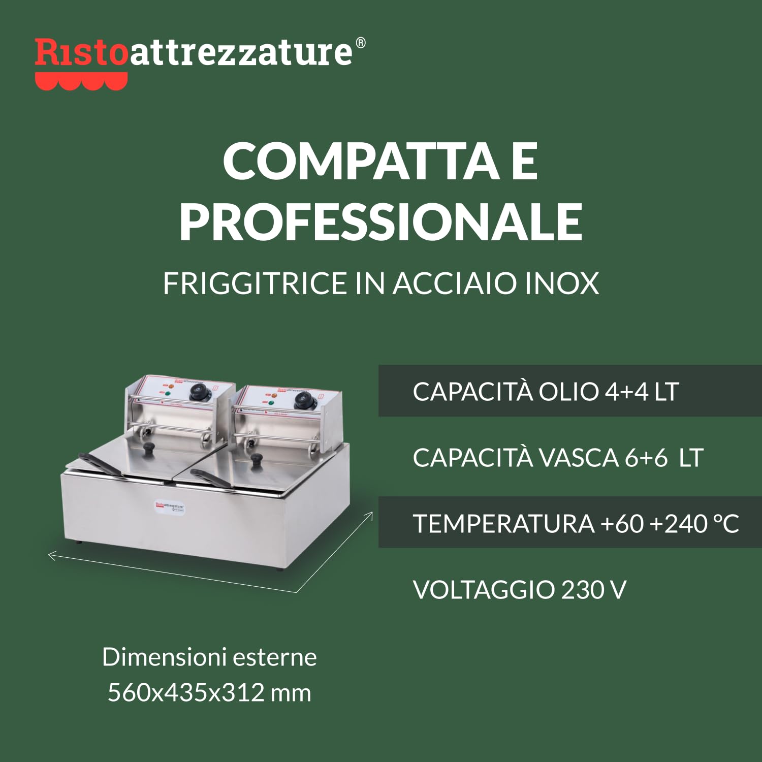 Ristoattrezzature Friggitrice Elettrica Doppia Vasca, Professionale in Acciaio Inox - 6+6 Litri, Capacità Olio 4+4 Litri