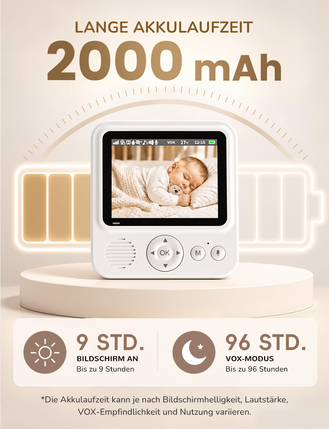 OBVHNUA Monitor niemowlęcy z kamerą 2,8 cala, 720P, podzielony ekran, bateria 2000 mAh, tryb VOX, dwukierunkowy dźwięk, noktowizor, czujnik temperatury, timer i 8 kołysanek