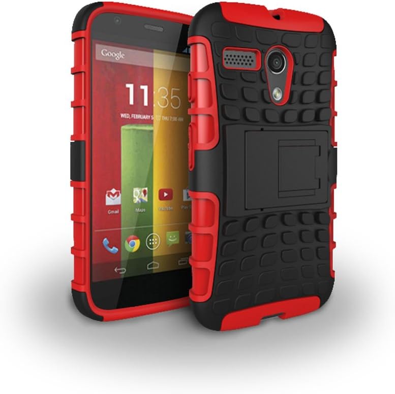 Moto G 1st Generation Case, Hongqing Shop 2 in 1 Dual Layer Drop Protection Design, Black PC Hard Back Cover Combine Multi-color Option TPU Soft Middle Bumper Premium Slim Fit Impact Resistant Protective Armor Rugged Hard Case, Tire Series Armor Defender Protective Tough Dual Layer Protection Case ONLY for Moto G 1st (Gen.) (Red)