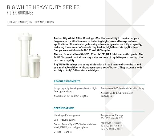 Miniatura 9 de Pentair Pentek 150469 - Carcasa de filtro azul grande, 34 pulgadas NPT #10 para toda la casa con tapa de polipropileno de alto flujo (HFPP) y botón