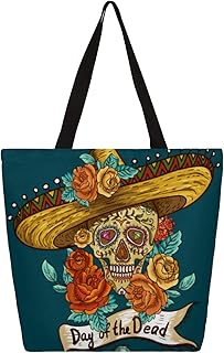 Sacola de lona feminina étnica de caveira de açúcar rosa grandes sacolas para homens com bolsos sacolas de compras resistentes sacolas de compras reutilizáveis, bolsa de ombro casual para escola, trabalho, praia, Multicor