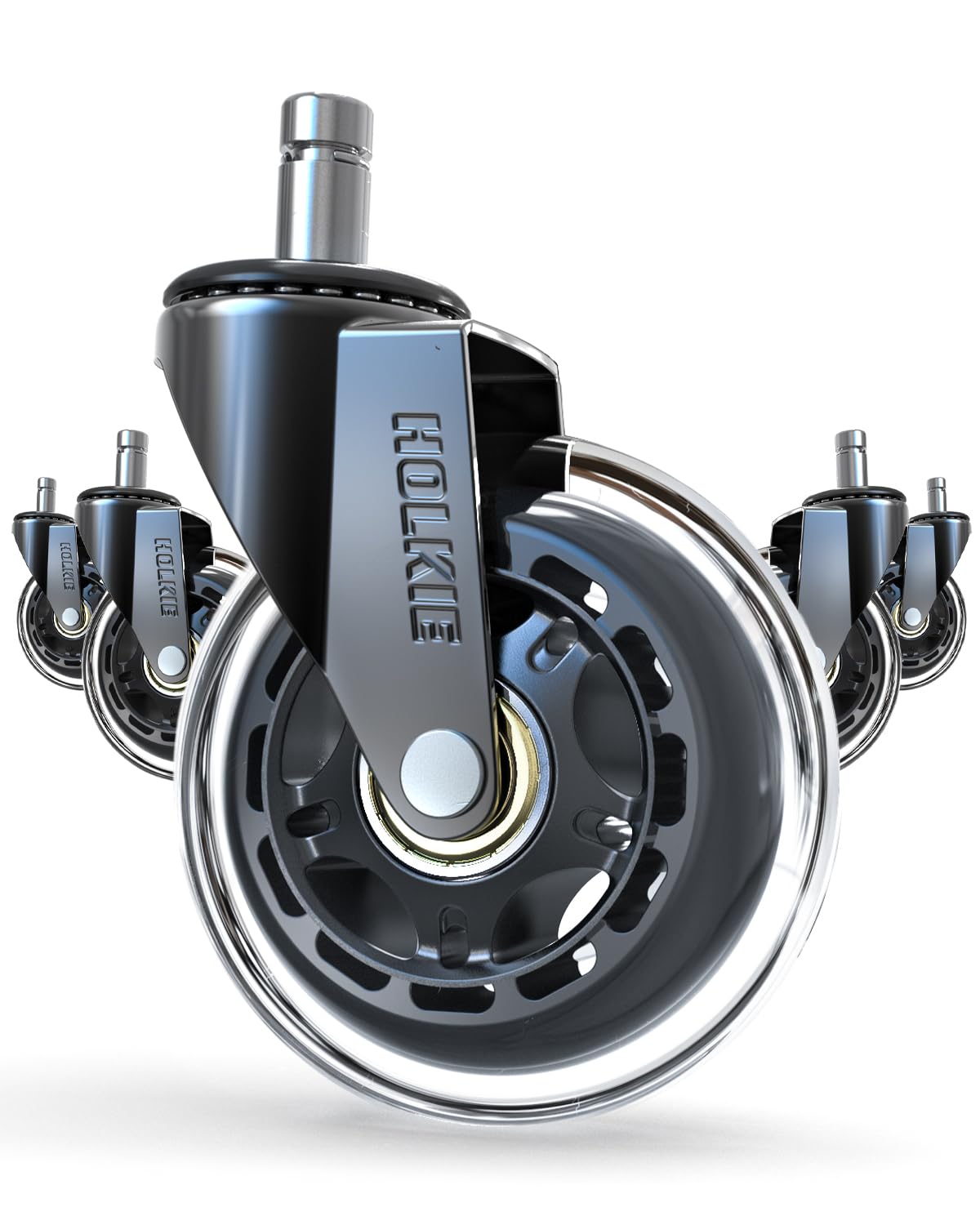 Photo 1 of ***MISSING 2****HOLKIE Office Chair Wheels - Universal Fit 3 Inch Roller Blade Casters - Safe for Hardwood Carpet Floors - Heavy Duty Rubber Replacement for Gaming Chairs - Smooth, Silent Glide - Set of 5