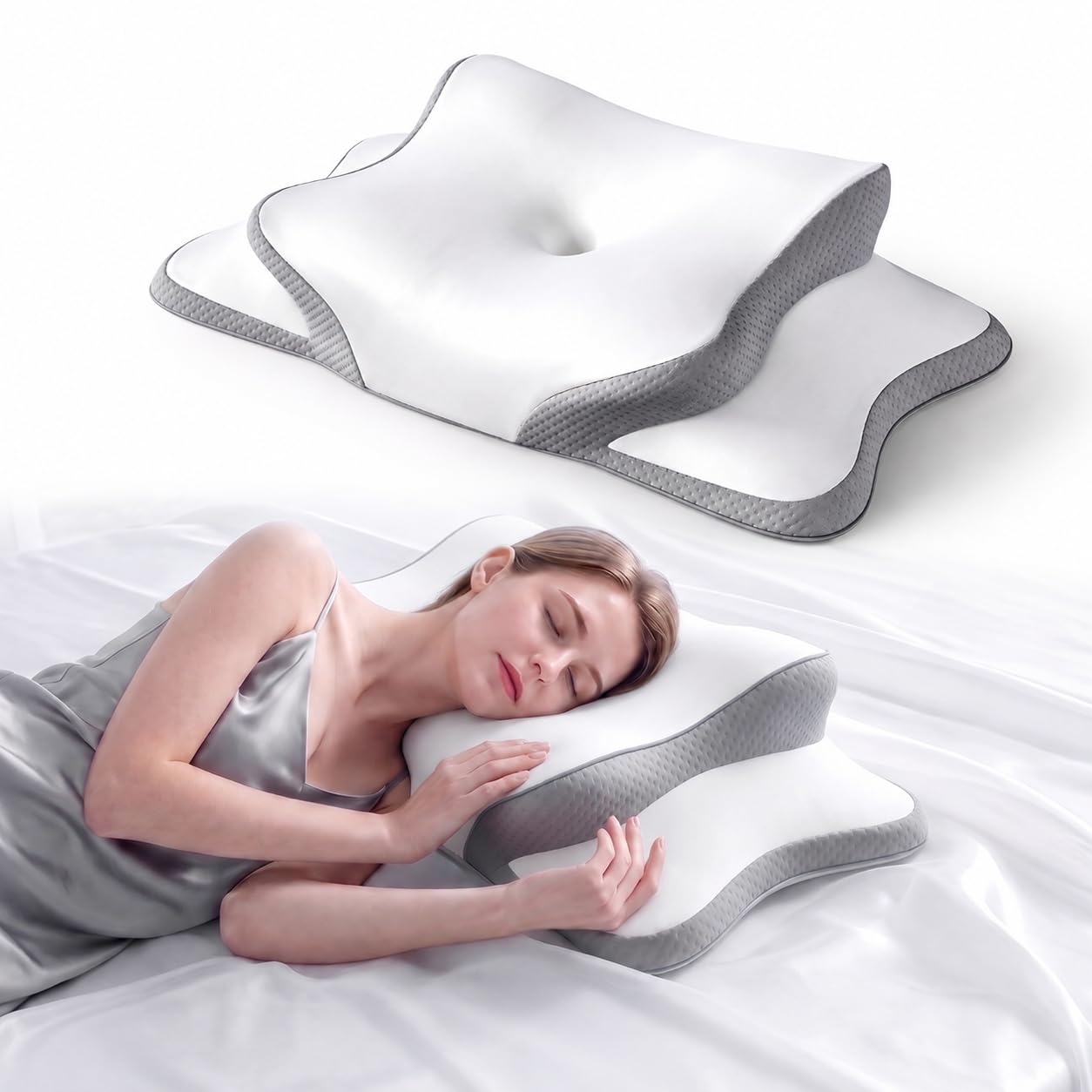 Memory Foam Pillow for Neck Support and Relief, Ergonomic Pillow Cervical Design with Dual Height Options, Comfortable Neck Pillow for Side, Back and Stomach Sleepers, Cooling Removable Cover（White）