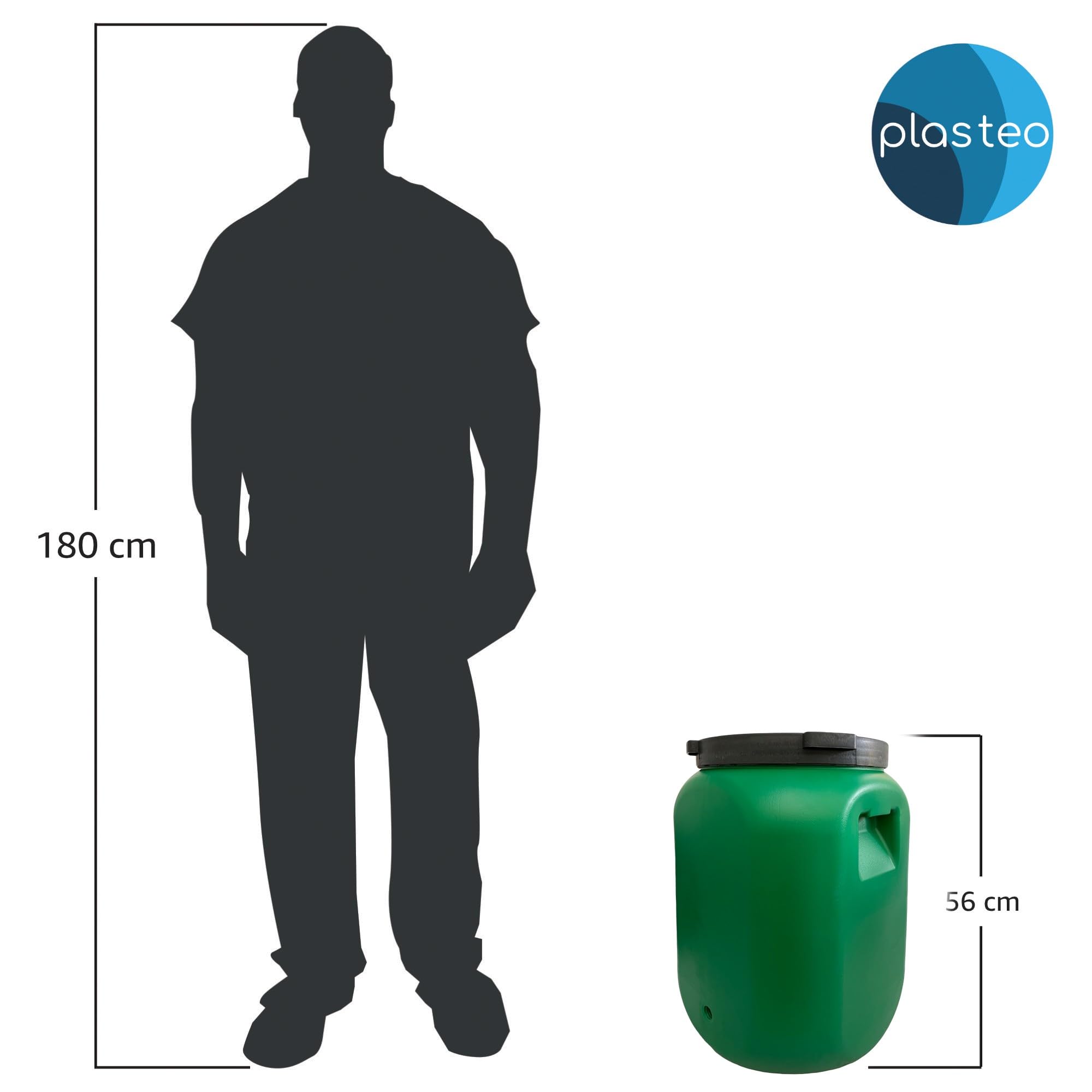 plasteo Barril de boca ancha con tapa, apto para alimentos – barril universal HDPE estable con cierre de rosca, para pienso, almacenamiento y transporte, verde (2x 60 L Cuadrado)