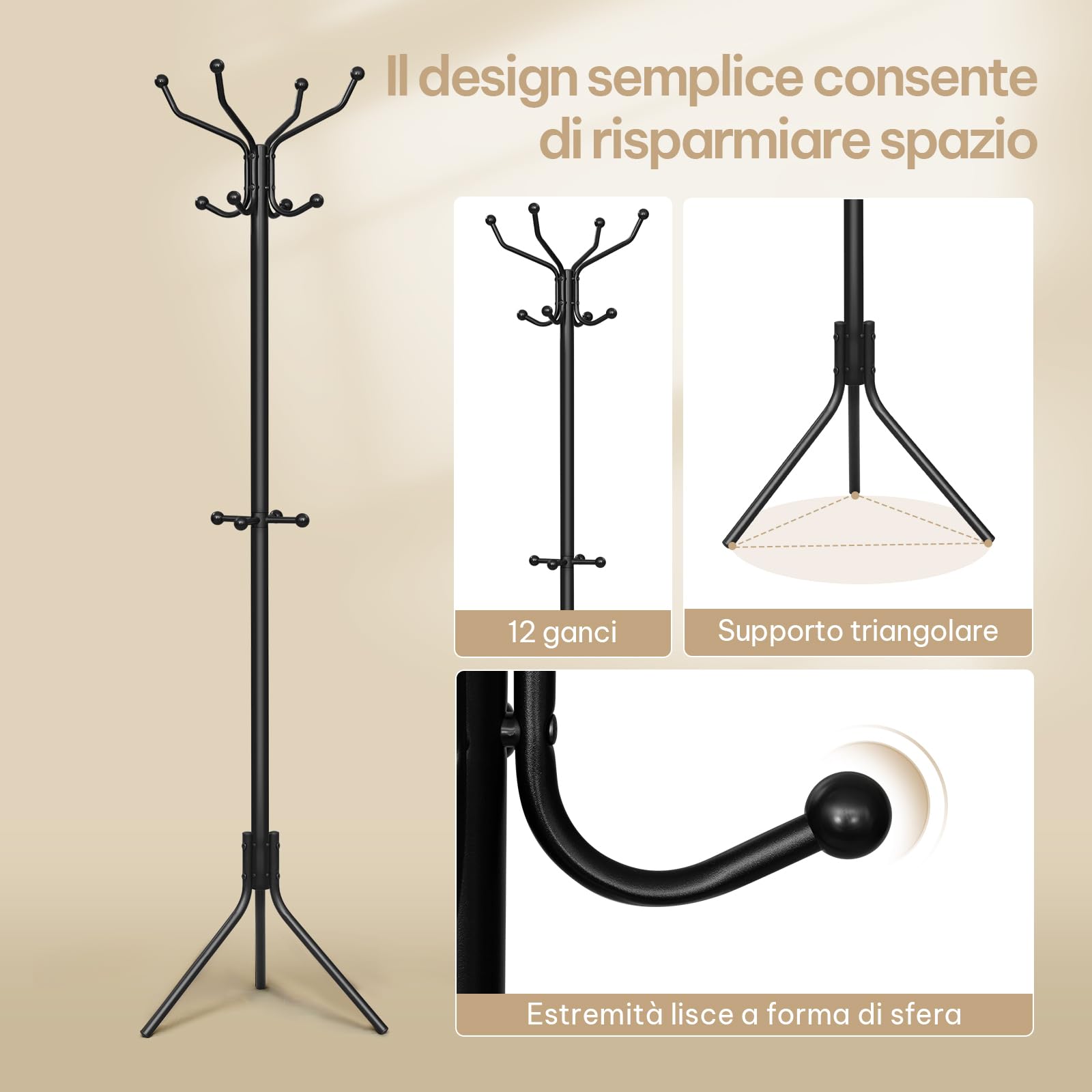 eSituro Appendiabiti Autoportante con 12 Ganci, per Corridoio, Camera da Letto, Guardaroba, Ufficio, Mobile a Forma di Albero in Metallo per Vestiti, Cappelli e Borse, 45x40x173 cm, Nero | Albero tascabile con 12 ganci, appendiabiti in metallo, per soggio