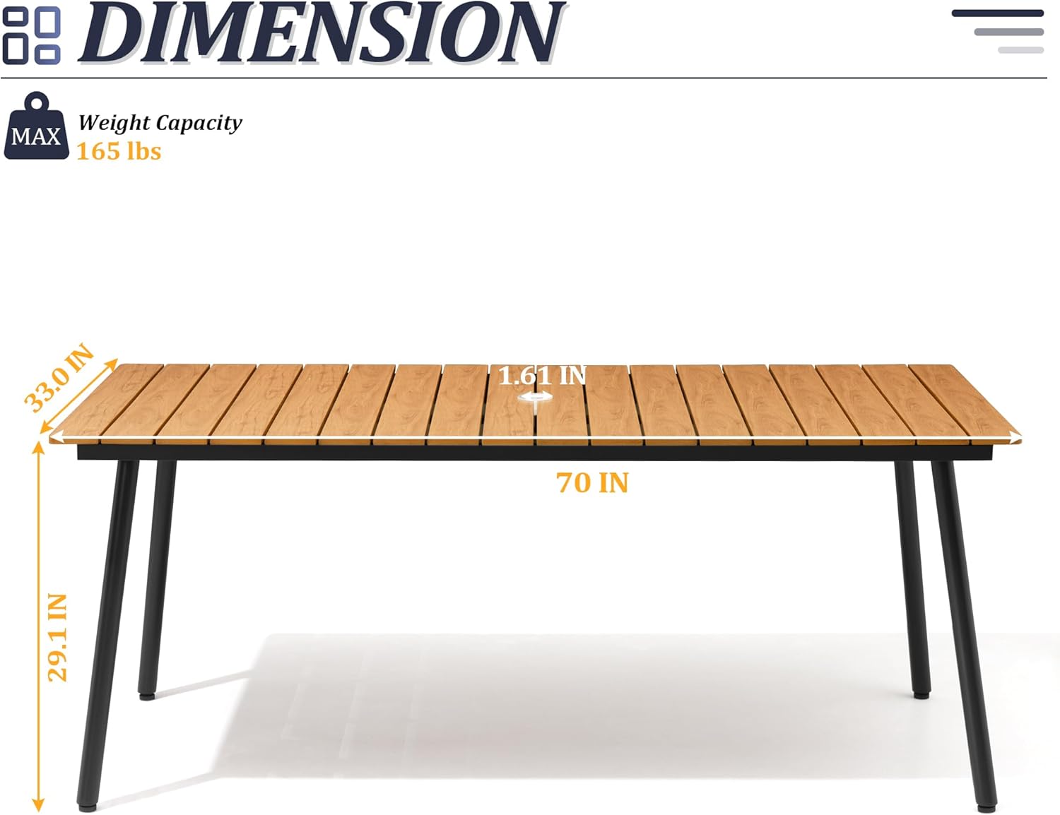 70" Patio Outdoor Dining Table for 4-6, Weather-Resistant Wood-Grain Top with Aluminum Frame & Umbrella Hole for Deck Gatherings, Brown