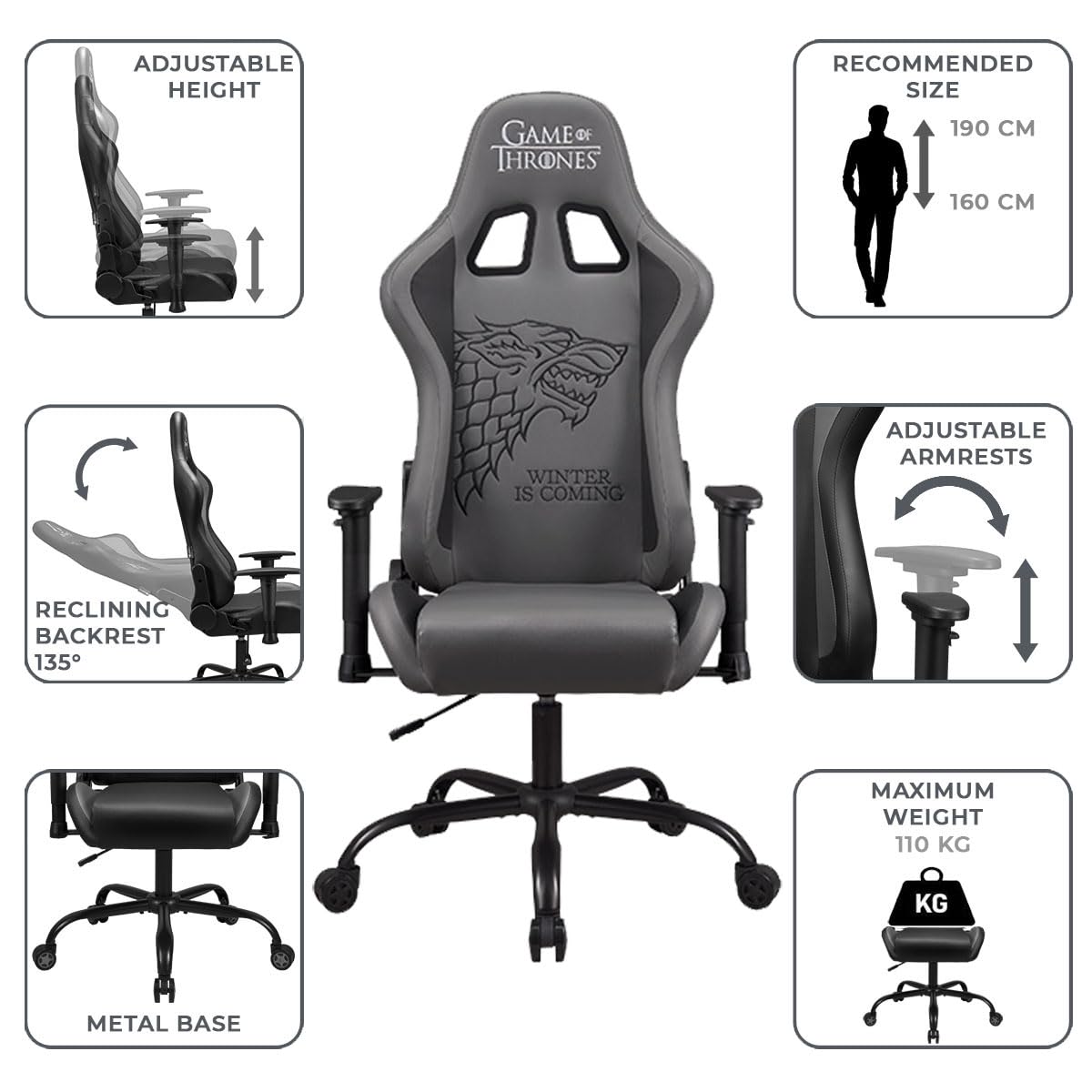 SUBSONIC Game of Thrones - Gaming Stuhl oder Bürostuhl, Gamer Sessel für Erwachsene, bequemer Sitz, integrierte Kopfstütze, Armlehnen und Höhe verstellbar, ergonomische Rückenlehne - Schwarz.