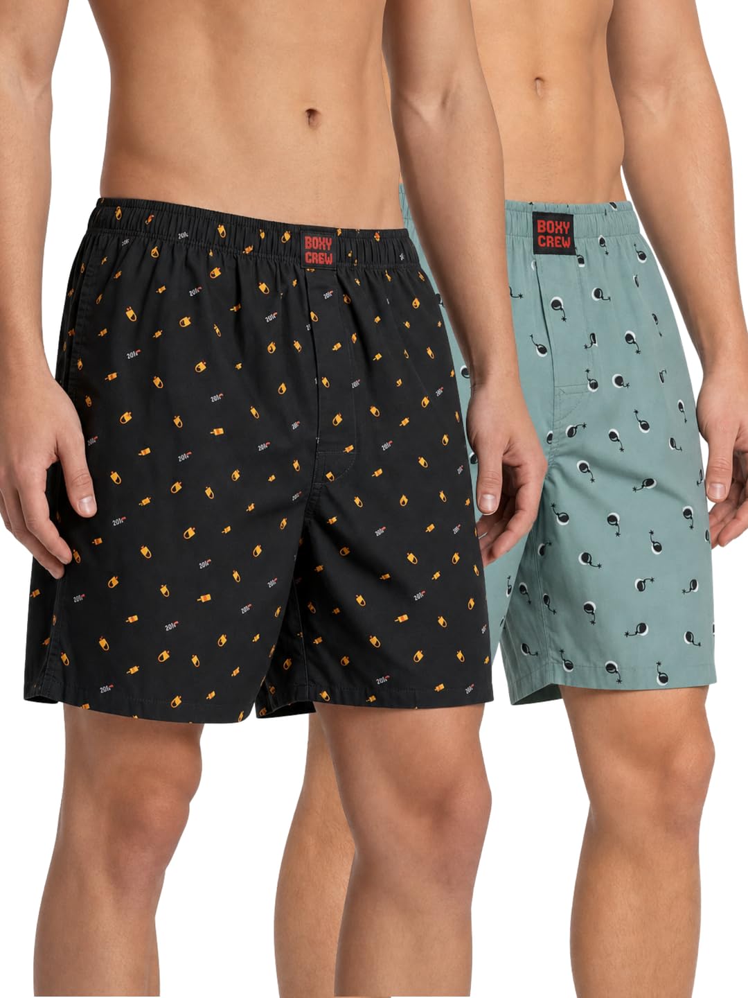 Men's 100% Cotton Printed Boxer Shorts Pack of 2 with Dual Side Pockets and Fabric-Covered Waistband - Black/Green, Styles MBX016, MBX023-picture-28