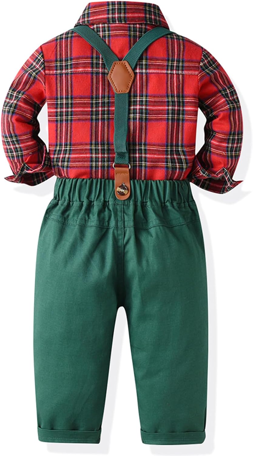 Baby Boys Gentleman Suit Kids Formal Outfits Set Shirt+Bowtie+Suspender Pant Suit with Detachable Suspenders