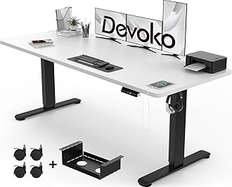 Devoko180x80cm Electric Standing Desk with USB Charging Height Adjustable Desk with 3 Memory Setting Adjustable Desk with Time Reminder Sit Stand Desk with Lock,White Frame+Black Desktop