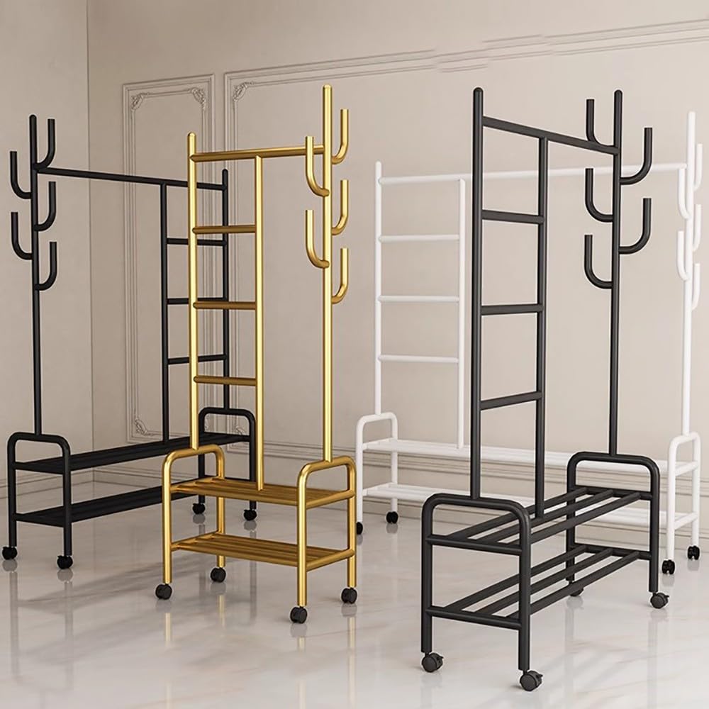 Perchero Móvil con Ruedas, Perchero De Pie Perchero Burro Multifuncional Colgador Metálico para Ropa con 5 Ganchos Y Estante para Ropa Y Zapatos (60cm, 100cm, 120cm, 150cm)