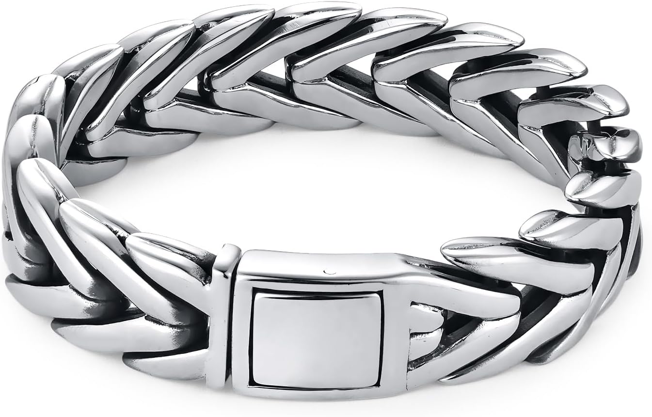 Mens Premium Foxtail Link Chain Bracelet, Stainless Steel Sleek Chunky V Shape Wide Link Chain Bracelet for Men, Heavy and Massive, Classic and Urban Style