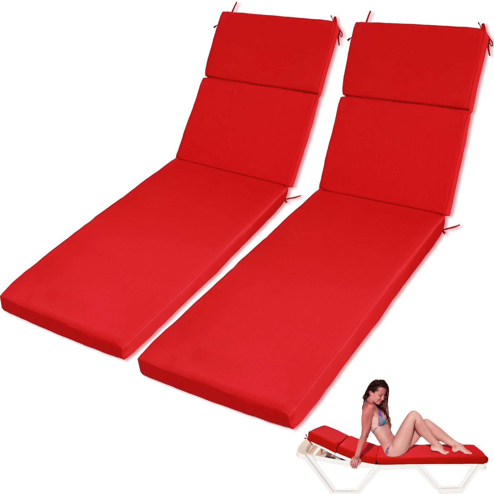 SmoothNovelty 2 Pcs Indoor Outdoor Chaise Lounge Cushions Sponge Bench Outdoor Furniture Chaise Cushions Patio Chair Furniture Replacement (Bright Red