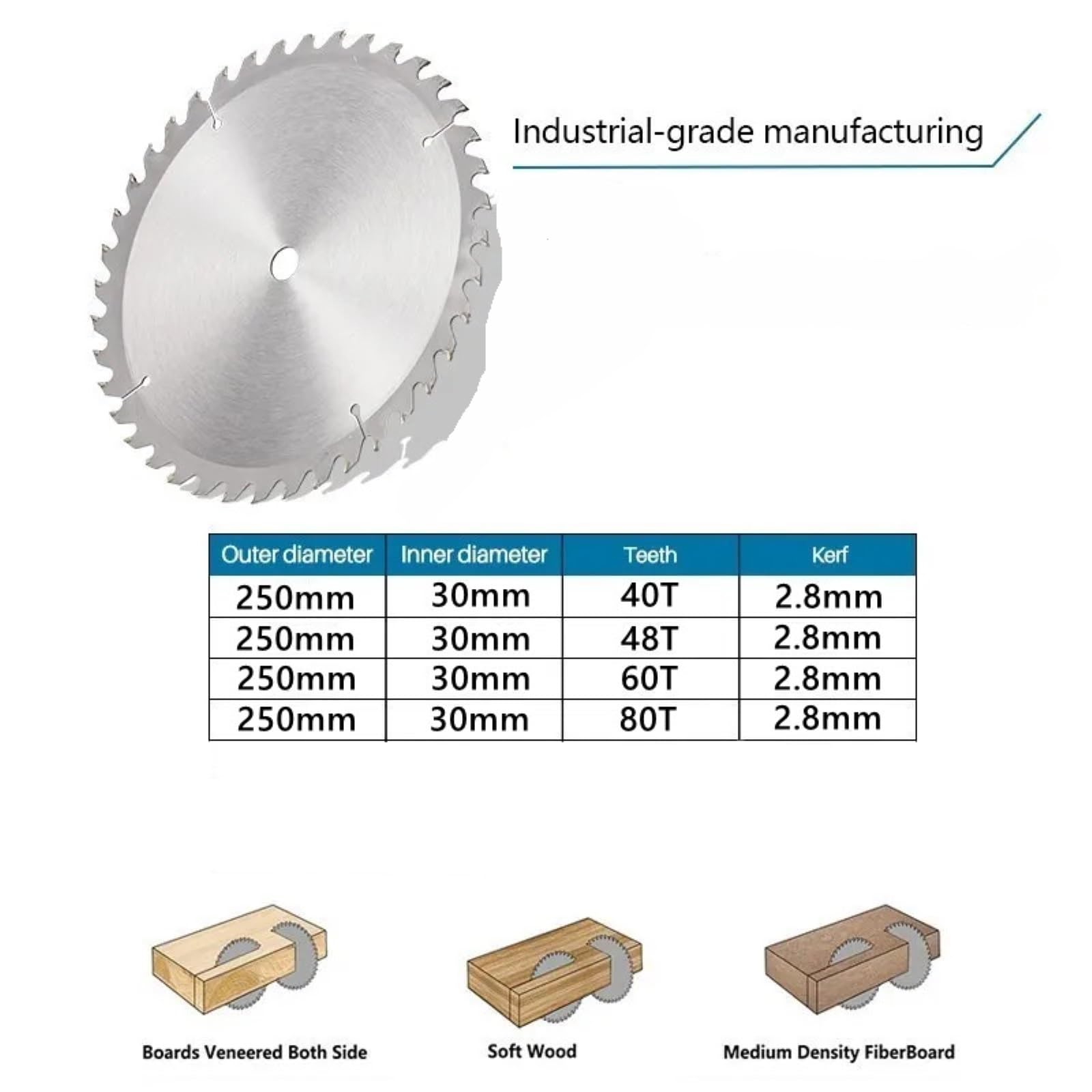 Brzeszczot do cięcia metalu 1PC brzeszczot do drewna z węglików spiekanych 250mm x 40T/48T/60T/80T przysłona 30mm TCT tarcza obróbki piły tarczowej ze stopu twardego(2pcs 250mmx48T 60T)
