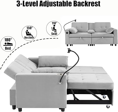 Miniatura 88 de sofá cama de terciopelo de 58 pulgadas, convertible 3 en 1 con bolsa de almacenamiento y respaldo ajustable, perfecto para espacios pequeños, sala 7