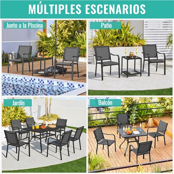Yaheetech Juego de 6 Sillas de Jardín de Poliéster con Respaldo y Reposabrazos Sillas Terraza Exterior Apilables 67x56.5x86.5 cm, Carga 136 kg Gris