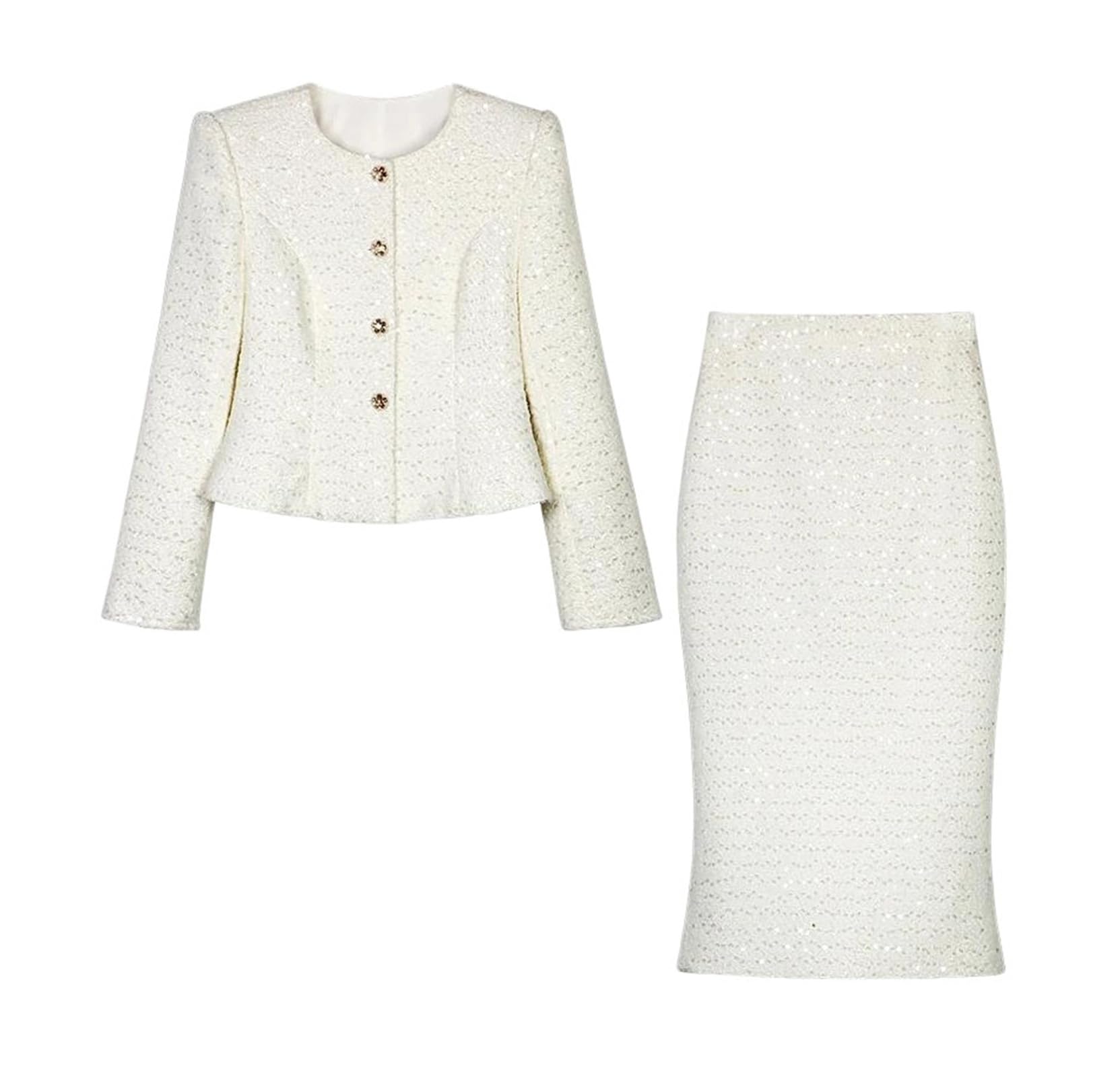 Womens Sequin Embellished Tweed Jacket and Skirt Elegant Two Piece Outfit Fashion Business Formal Suit