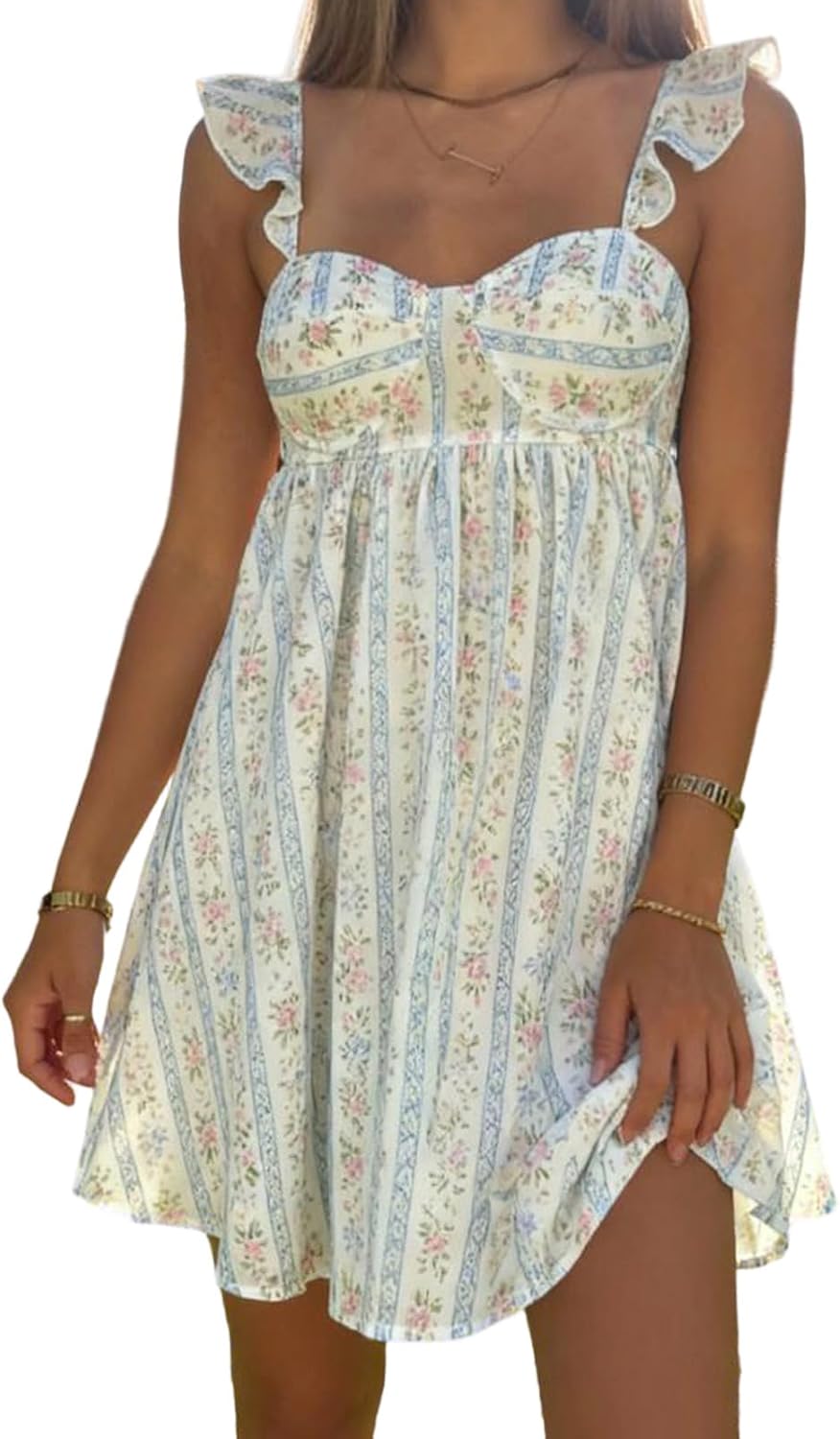 Awoscut Women Cute Babydoll Mini Dress Ruffle Strap Maternity Dresses Summer Y2K Flowy Teens Short Sundress