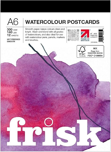 Frisk Watercolour Postcards 300gsm Hot Pressed/Smooth 12sheets A6, White