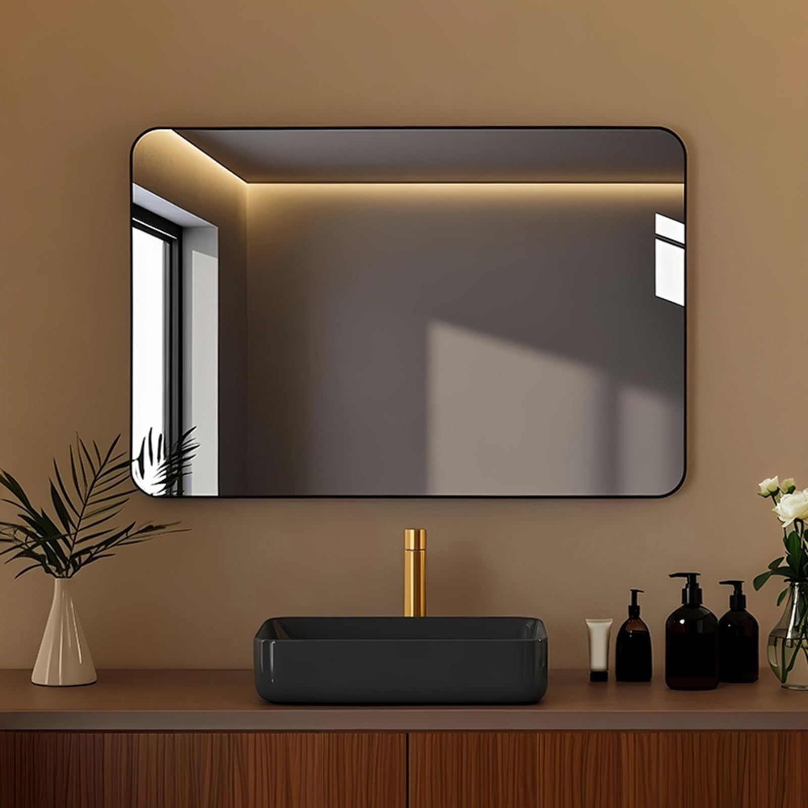 Specchio Da Bagno Rettangolare 40*60cm, Specchio Per Il Trucco HD Cornice In Lega, Per Soggiorno, Camera Da Letto, Specchio Da Parete D'ingresso, Nero, Bianco E Oro(Nero,60*80cm/23.62*31.5in)