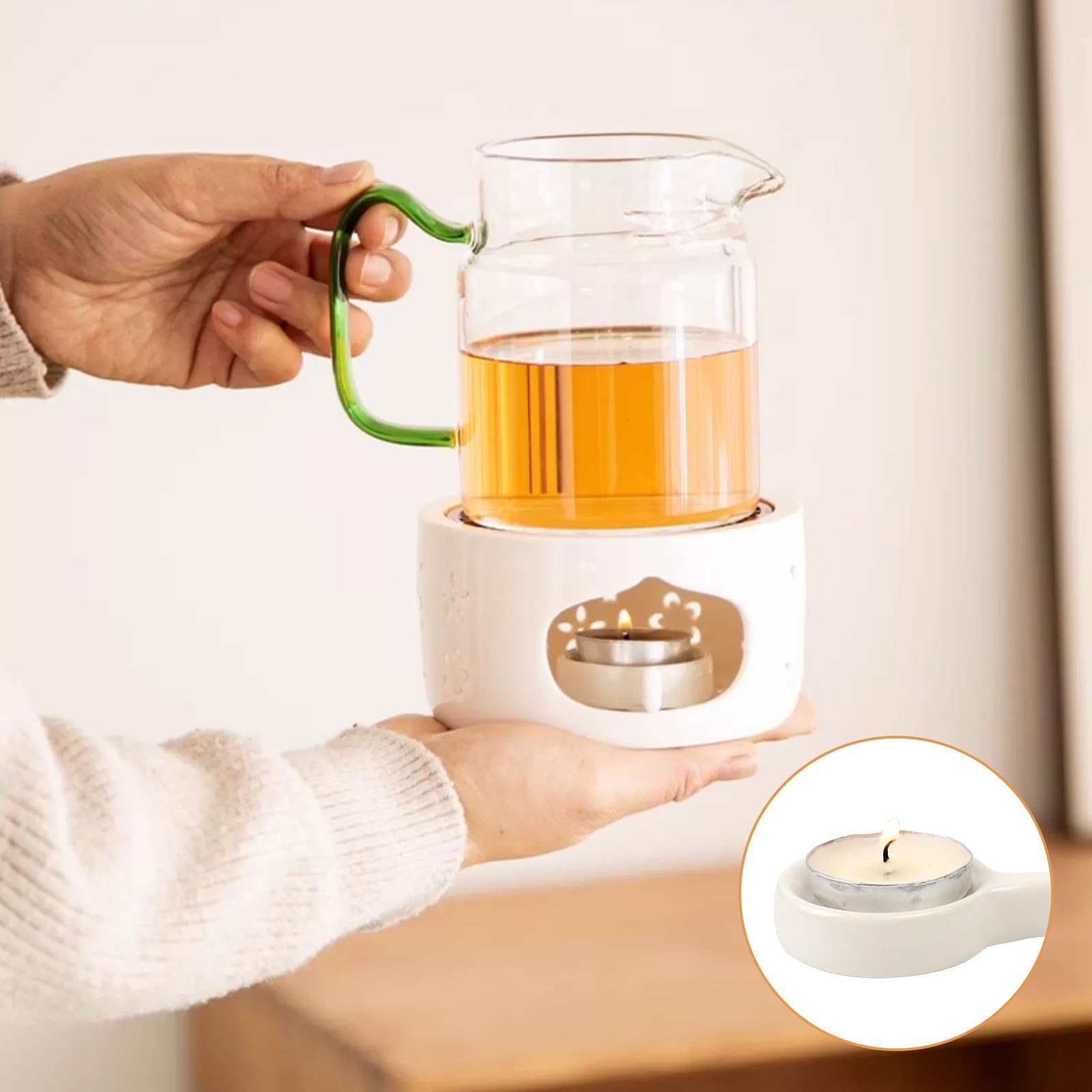 Calentador de Tetera de Porcelana con Cojín de Corcho y Cuchara, Base Tallada Hueca