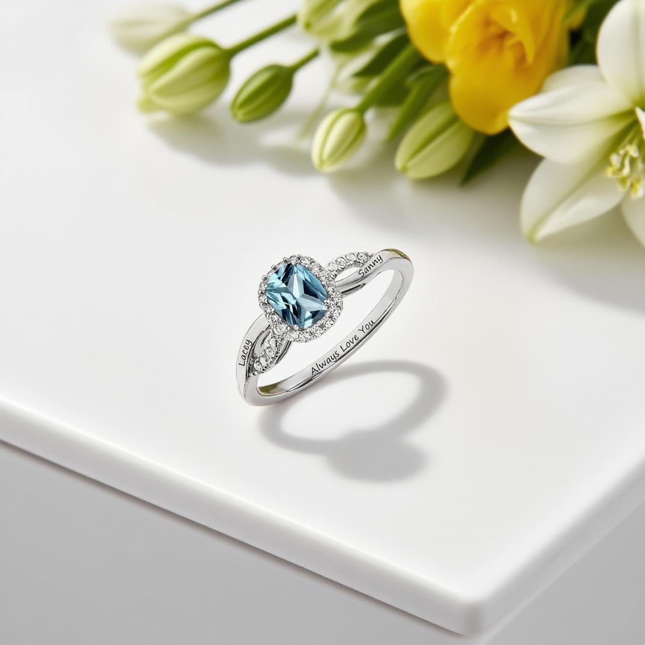 Personalized Gemstone Birthstone Ring for Women 925 Sterling Silver Engraved Wedding Engagement Anniversary Promise Ring Birthstone Jewelry Gift for Her