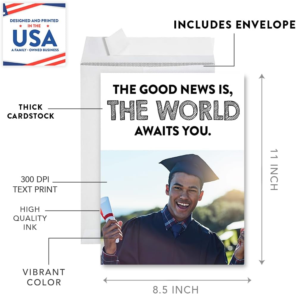 Andaz Press 8.5"x11" Personalized Jumbo Funny Graduation Photo Card with Envelope, The World Awaits You Custom Congratulations Card for Him, Her, High School, College, Grad Med School, Greeting Cards