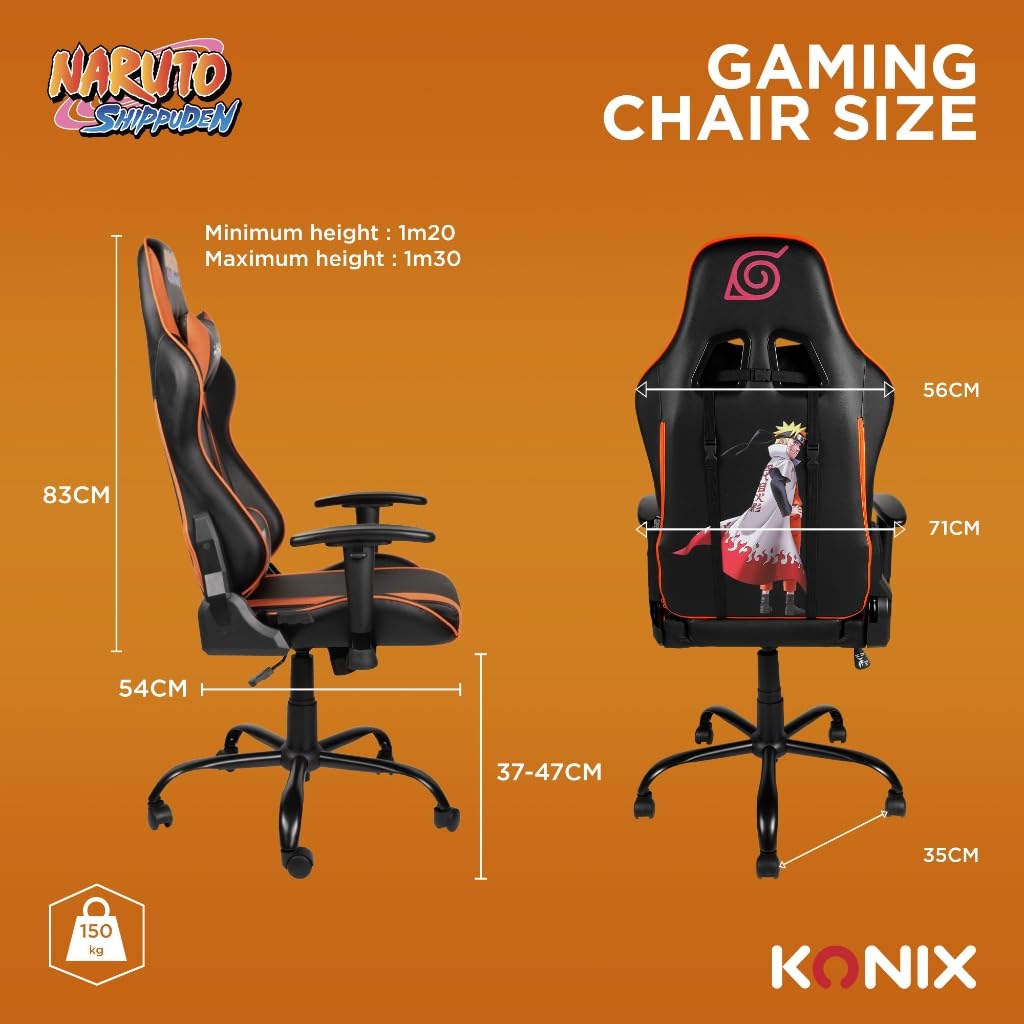 Konix Naruto Shippuden Sedia gaming premium - Inclinazione del sedile fino a 150° - Pelle PU liscia - Design Naruto Hokage - Nero e arancione