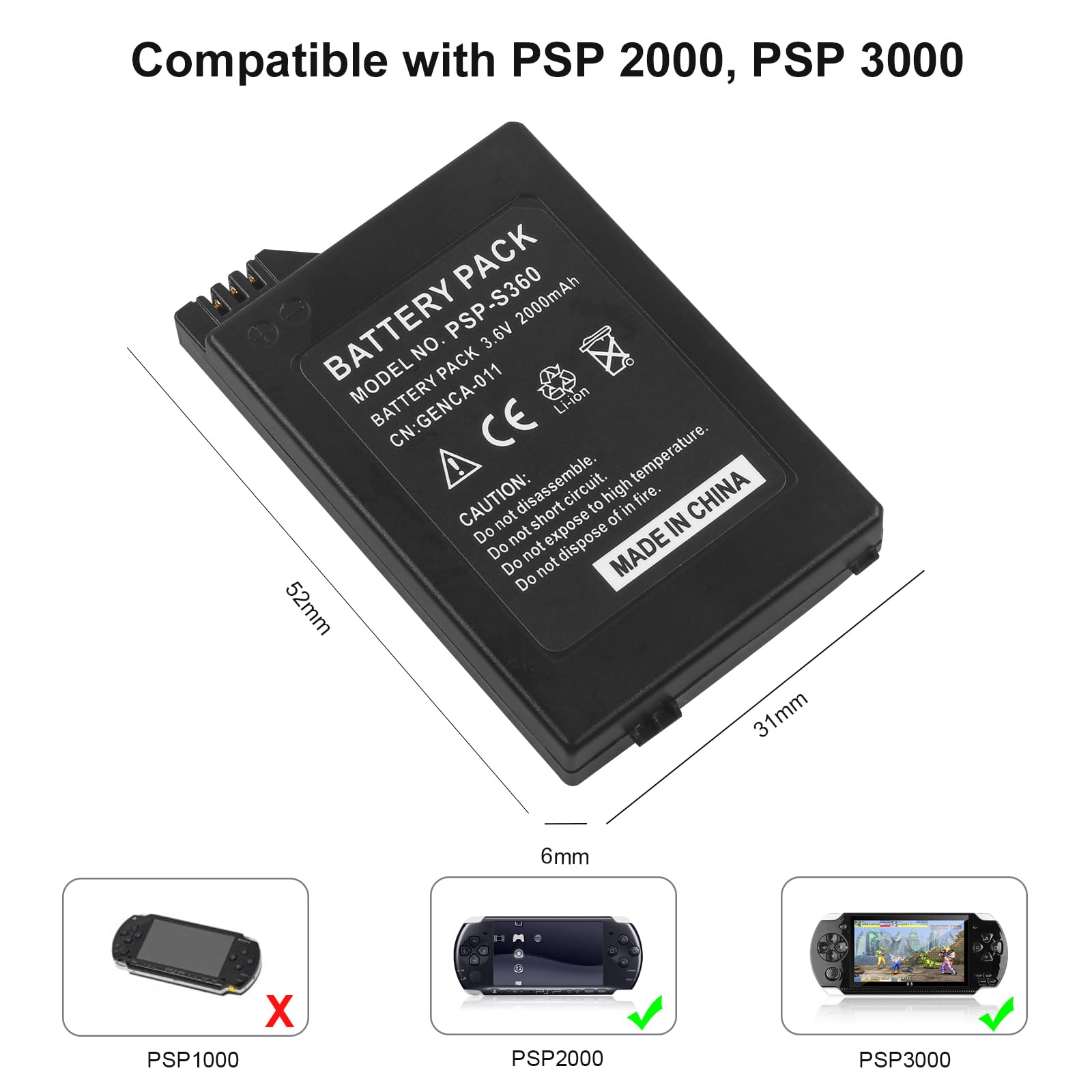 Batterie pour PSP 2000 PSP 3000, 2000 mAh 3,6 V, lithium-ion de rechange, compatible avec Sony PSP 2000 PSP 3000 PSP-S110, avec câble de charge, (pas pour PSP 1000)