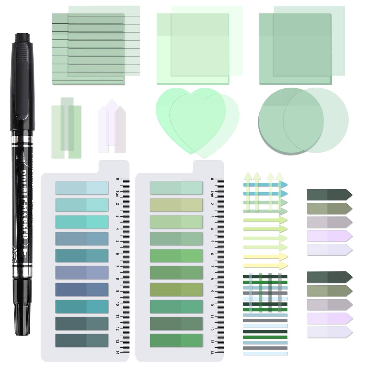 Transparente Haftnotizen, 7,6 x 7,6 cm, ästhetische, klare linierte Haftnotizen mit Stift, Farbverlauf, wasserdicht, selbstklebende Anmerkungsreiter für Bibeljournaling (grün)