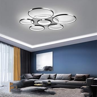 LED Ceiling Light Modern Creativity 7-Ring Living Room Ceiling Lamp Brown Round Circle Bedroom Chandelier,3000K-6500K Dimmable with Remote Control Restaurant Indoor Ceiling Lighting,108W/Ø110CM [Energy Class A++]