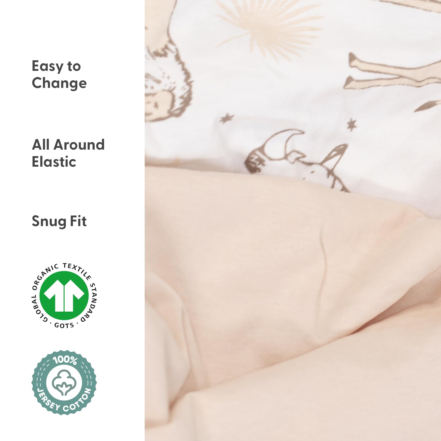 The Peanutshell Draps de berceau bio pour garçons ou filles, 100 % jersey de coton, ajustement universel pour matelas ovale, rectangle, sablier, décoration de chambre d'enfant, éléphant, girafe, lion,