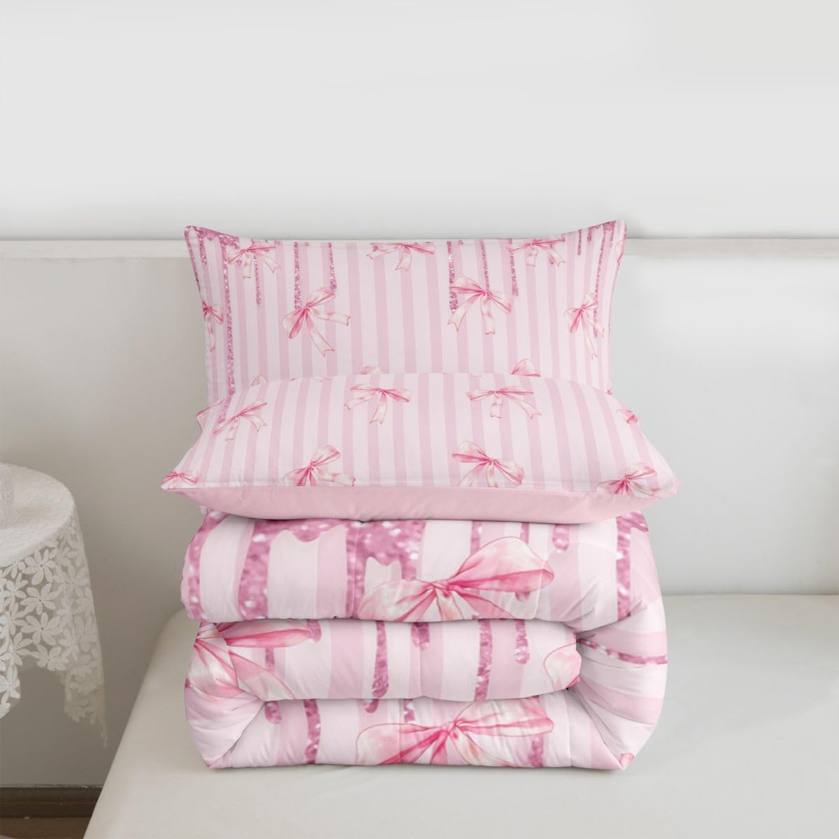 jejeloiu Cute Bowknot Bedding Set Soft for Boys Girls, Stripes Bow Comforter Set Twin Size Glitter Pink Duvet Quilt Microfiber Coquette Bows Bedroom Decor 2 Pcs with 1 Pillow Cases