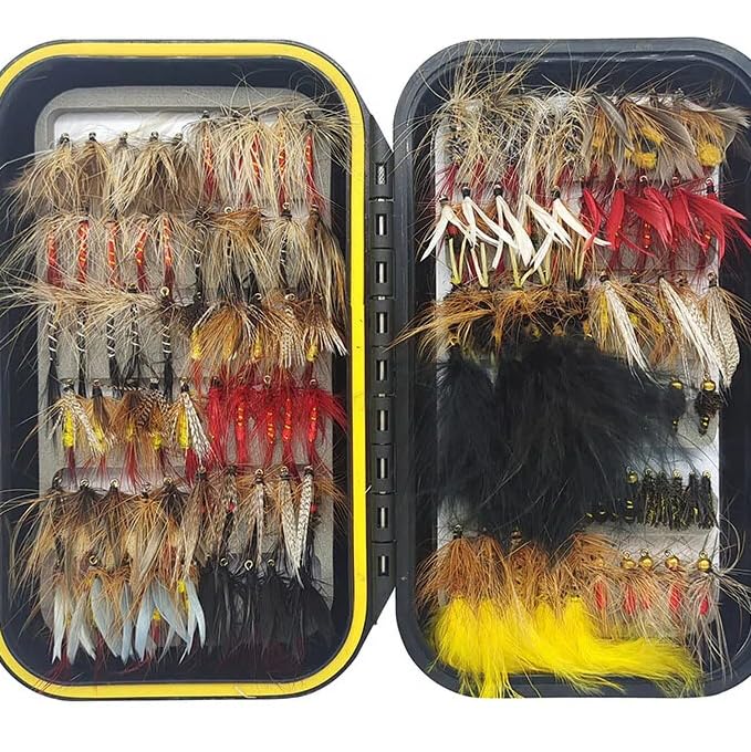 100Pcs/120Pcs Fly Fishing Lures Kit with Double-Sided Waterproof Case: Hand-Tied Dry, Wet, Nymphs & Streamers Assortment with Natural Feathers for Trout, Bass - Fishing Gift for Anglers
