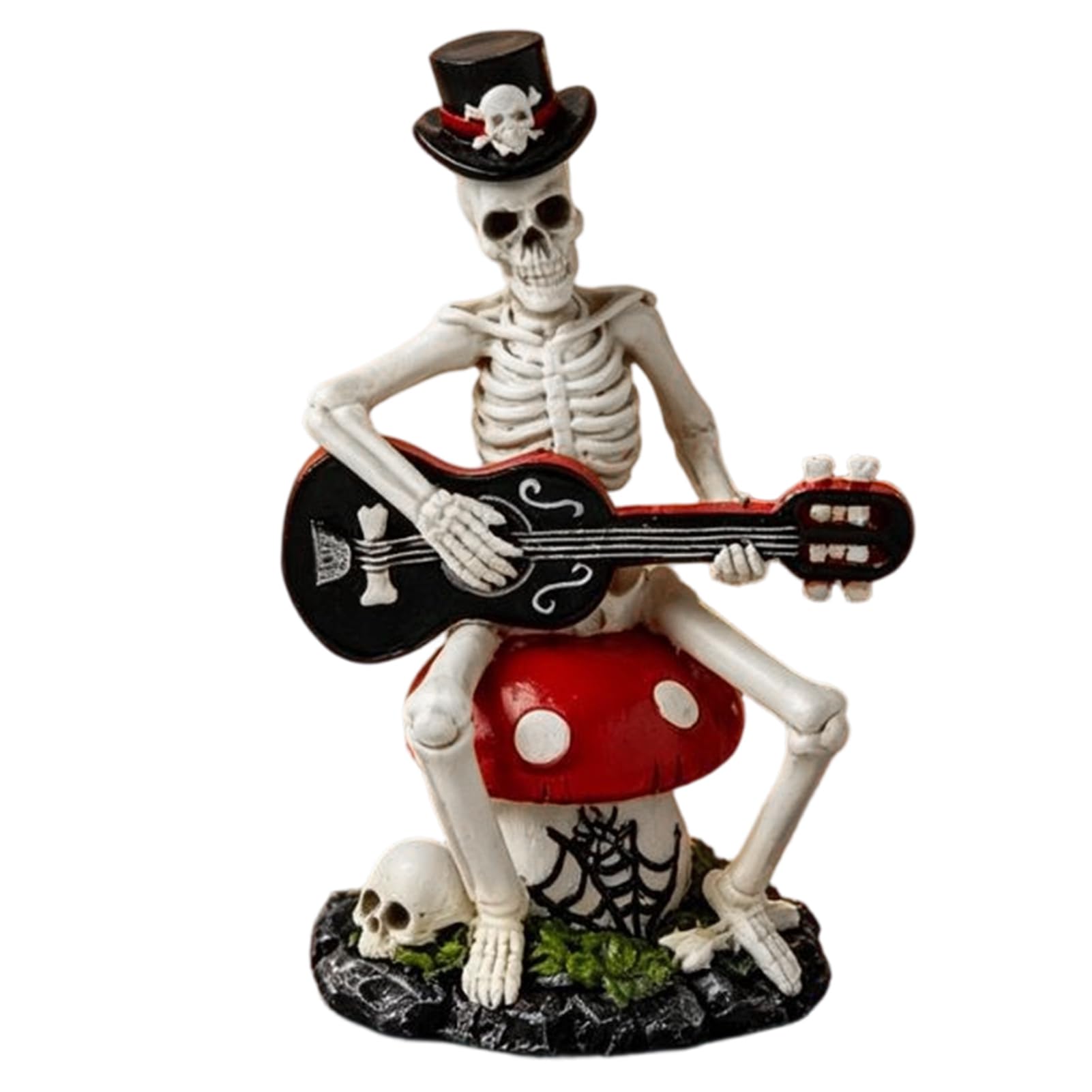 RetroNest Skeleton Guitar Player Figurine,Resin Gothic Skull Ornament with Spider Web & Red Mushroom,Dark Aesthetic Desktop Sculpture for Halloween Decor 13cm Tall A