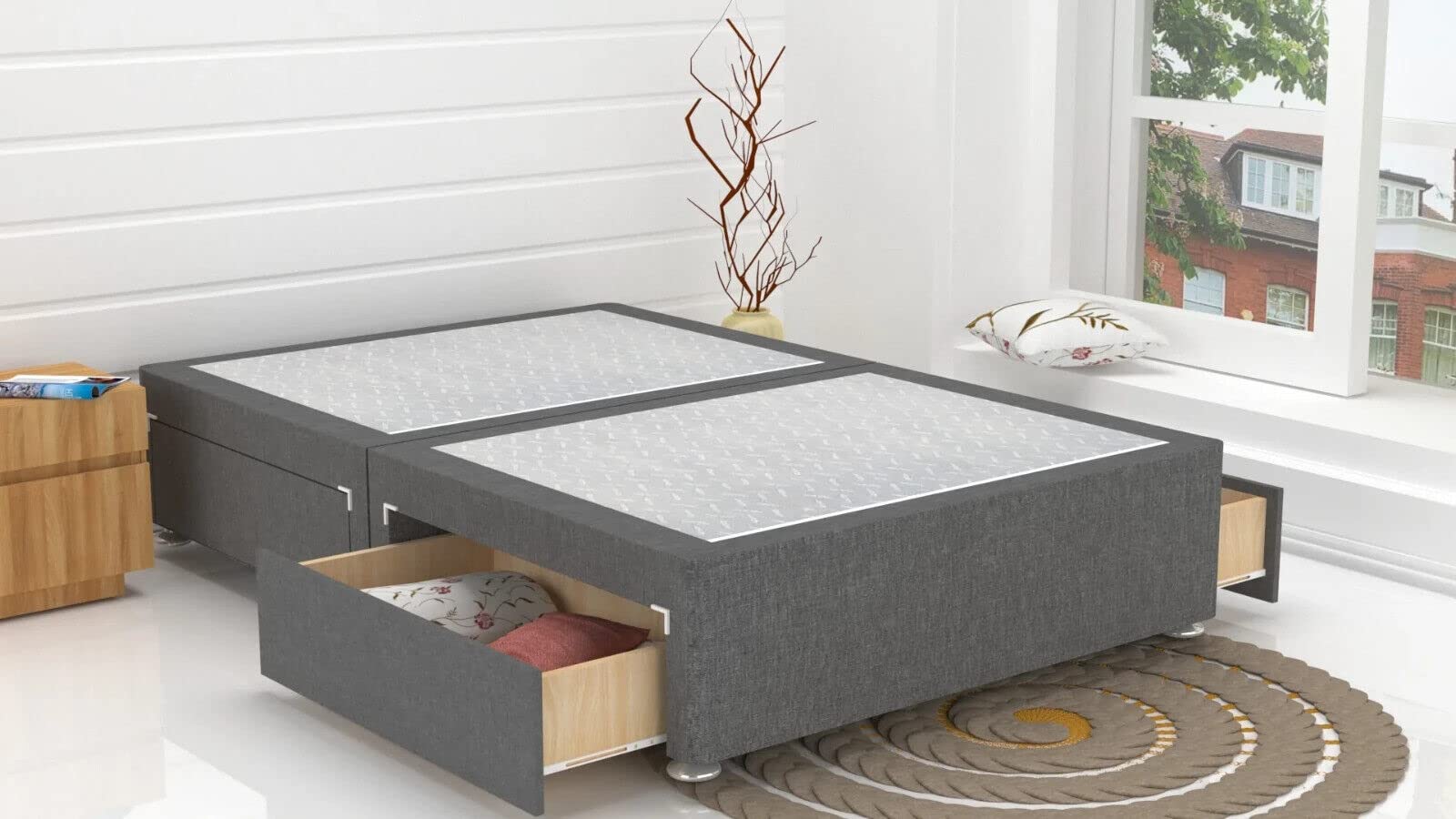 GHOST BEDS Divan Reinforced Platform Base with 2 Drawers Same Side *Colours Available (Grey Linen, 4ft Small Double)