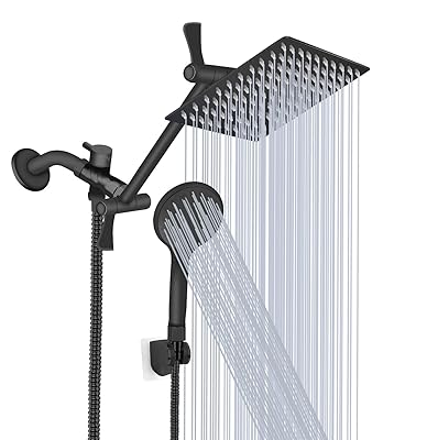 Shower Head, 8‘’ High Pressure Rainfall Shower Head/Handheld Shower Combo with 11'' Extension Arm, 9 Settings Anti-leak Shower Head with Holder, Height/Angle Adjustable, Matte Black