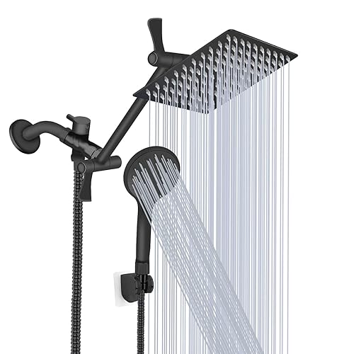Shower Head, 8‘’ High Pressure Rainfall/Handheld Shower Combo with 11'' Extension Arm, 9 Settings, Anti-Leak Shower Head with Holder, Height/Angle Adjustable, Chrome, Matte Black - 8 inch - Matte Black