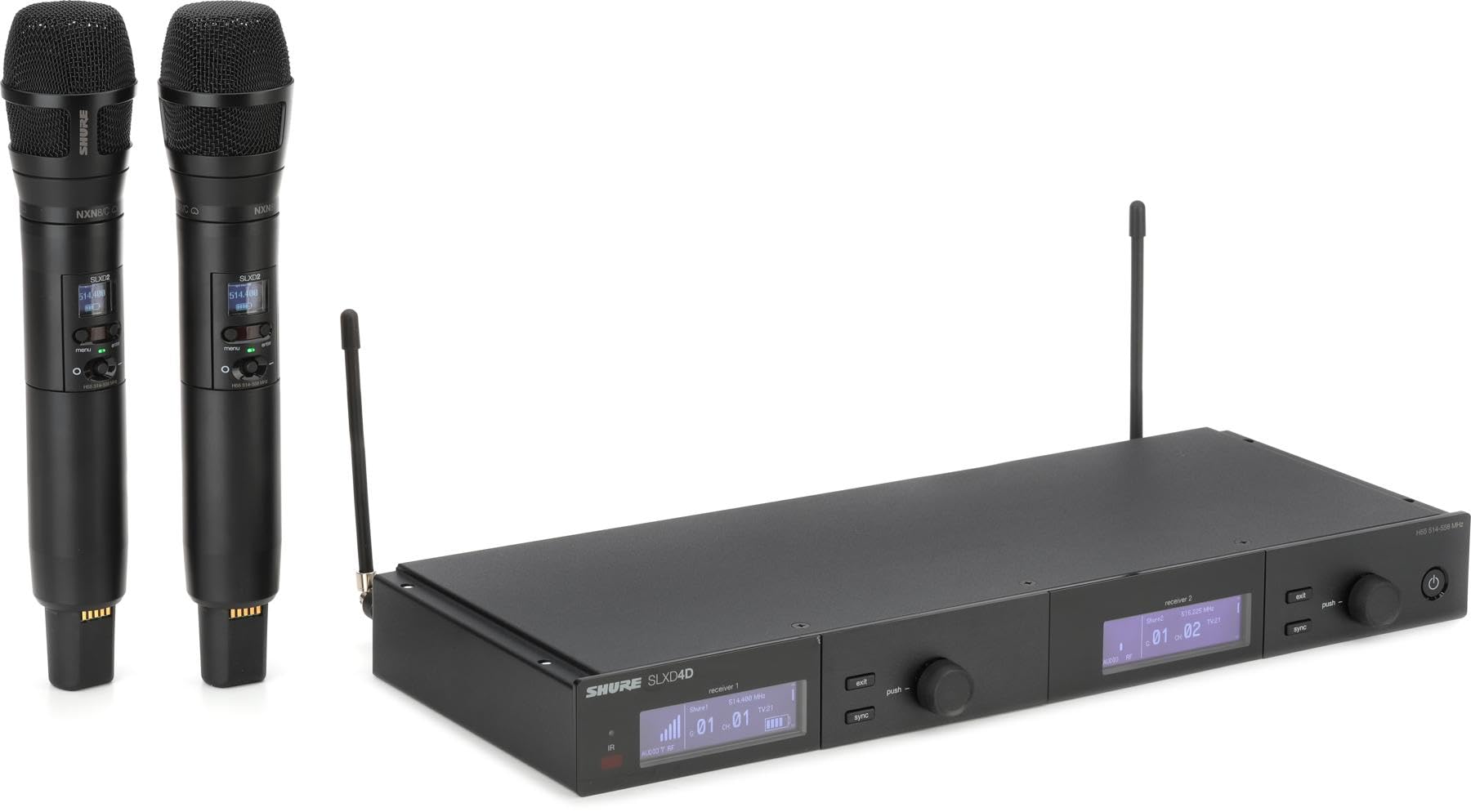 Shure SLXD24D/N8CB Dual Channel Wireless Microphone System - Includes Two SLXD2 Handheld Transmitters with Nexadyne 8/C Vocal Mic Capsules, SLXD4D Rack Mount Receiver | H55 Band (SLXD24D/N8CB-H55)