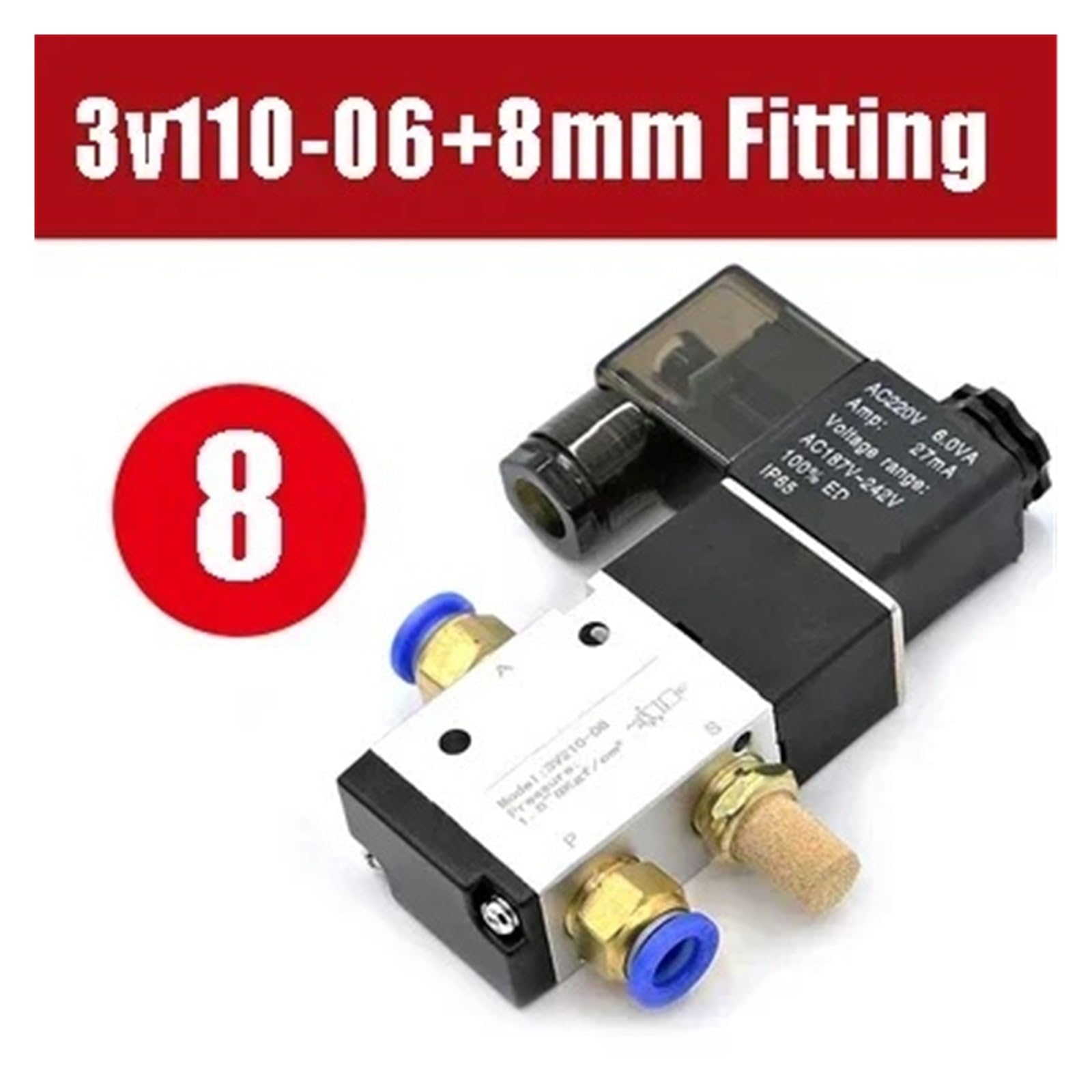 Válvula Solenoide 3V110-06 12V 1/8 "válvula de Control de Aire neumática de 3 vías válvula magnética eléctrica Cuerpo de Aluminio(Led w 8mm Fitting,AC220V)