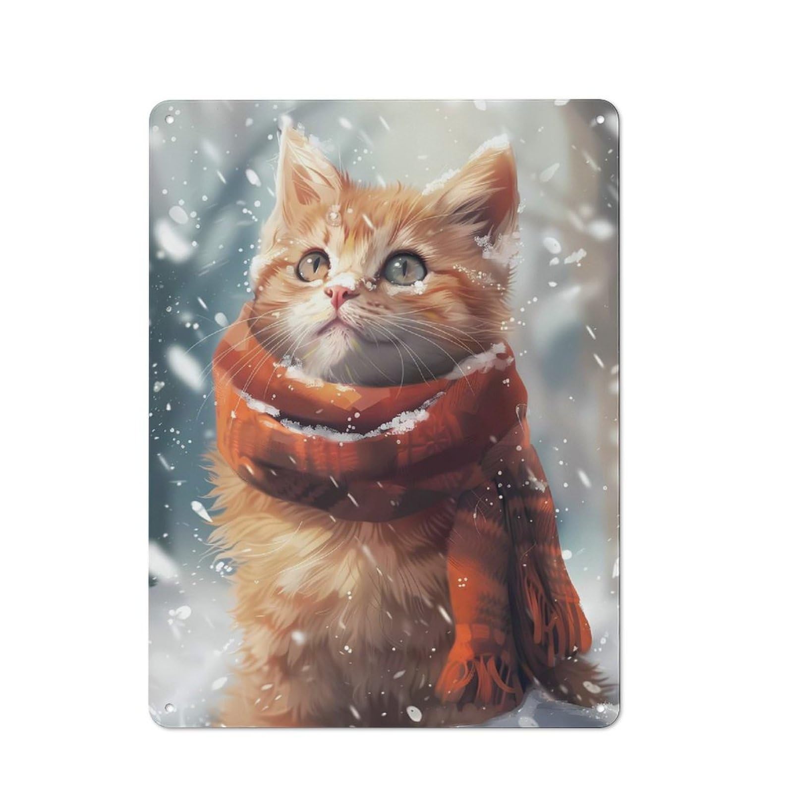 Junmoney Orange Kitten In Winter Metal Plaque 40X30cm With For Hallway Wall, Rustic Decor, For Garage, Workshop And Man Cave Decoration