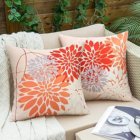 Pyonic Outdoor Throw Pillow Covers 18x18 Waterproof Geometric Flower Pillow Case Farmhouse Summer Square Cushion Cover for Patio,Garden,Balcony,Set of 2, Orange Cover