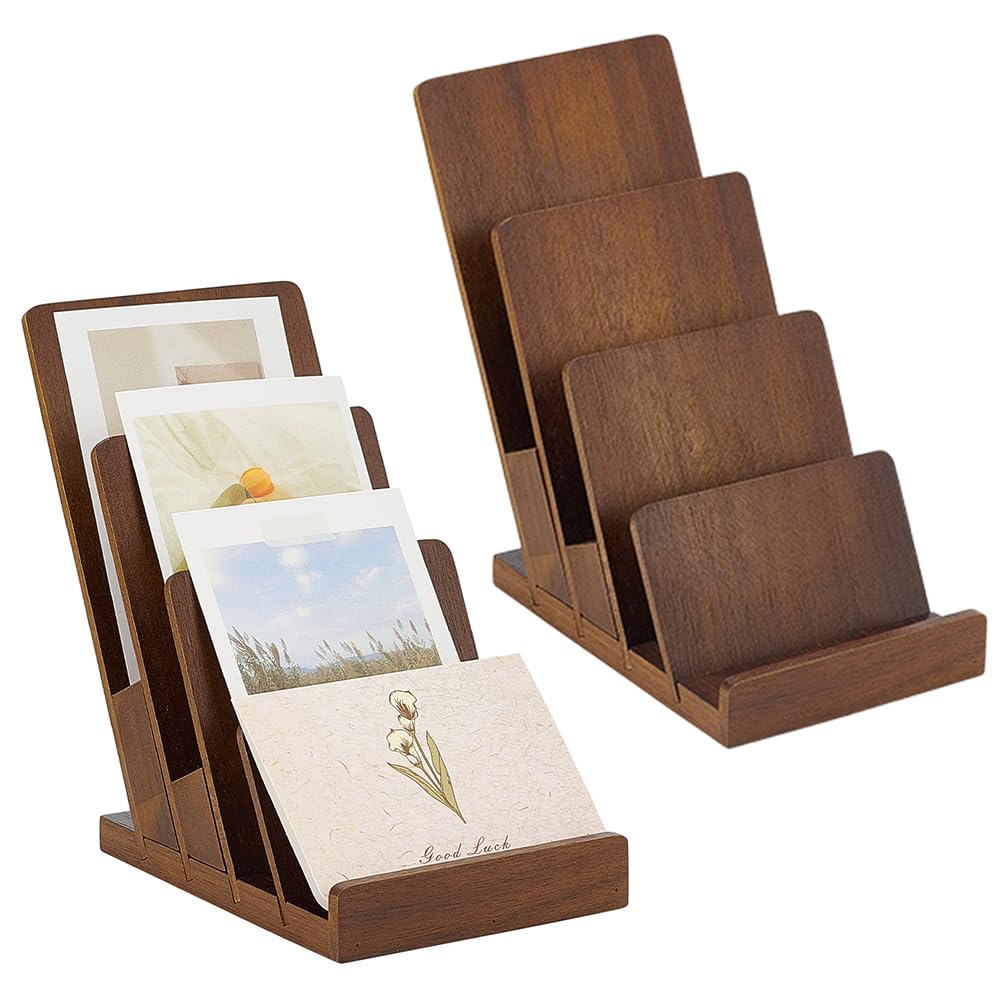 Espositore in legno a 4 ripiani per brochure, 11,5 x 16,7 x 19,6 cm, colore marrone, per riviste e opuscoli e biglietti di auguri, per ufficio e ristorante