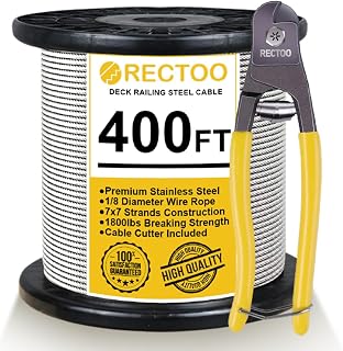 RECTOO 400FT 1/8 Stainless Steel Cable, Aircraft Cable for Deck Railing, 7 x 7 Strands Construction Braided Wire Rope for Deck Railing Stair Handrail Balusters Porch Fence