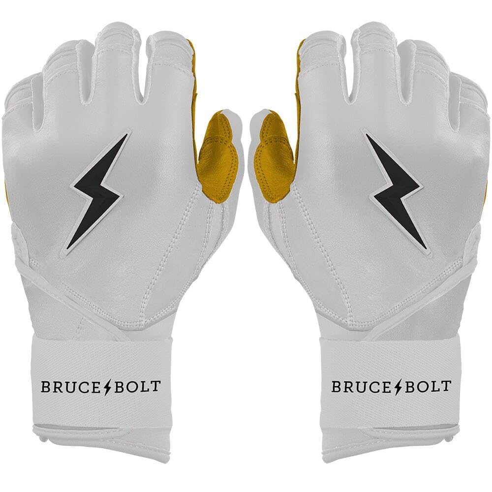 BRUCE BOLT 2020 Premium Pro White Long Cuff Cabretta Leather Baseball Batting Gloves with Glove Bag - Youth Medium LWYM