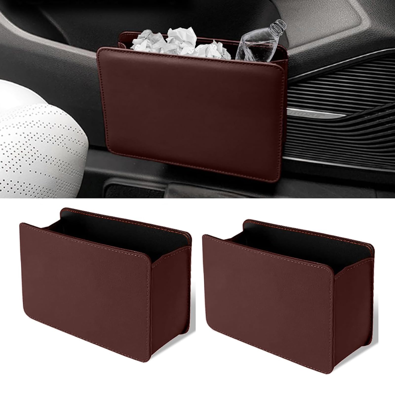 MarxaN 2 pcs Poubelle de Voiture pour Peugeot Rifter, Pliable Mini Poubelle en Cuir PU Boîte de Rangement Portable Suspendre Poubelle Intérieur Accessoires, D/Wine Red