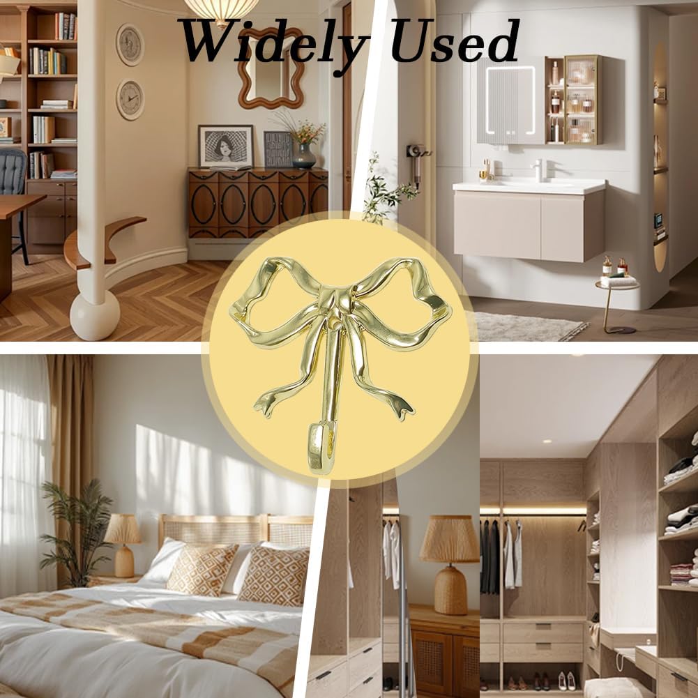 5Pcs Bow Wall Hooks - MfhdgXAvs Gold Decorative Coat/Towel Hooks for Bathroom, Bowknot Hangers with Screws, Alloy Cute Shower Curtain & Robe Hook, Heavy Duty Home Decor (Gold)